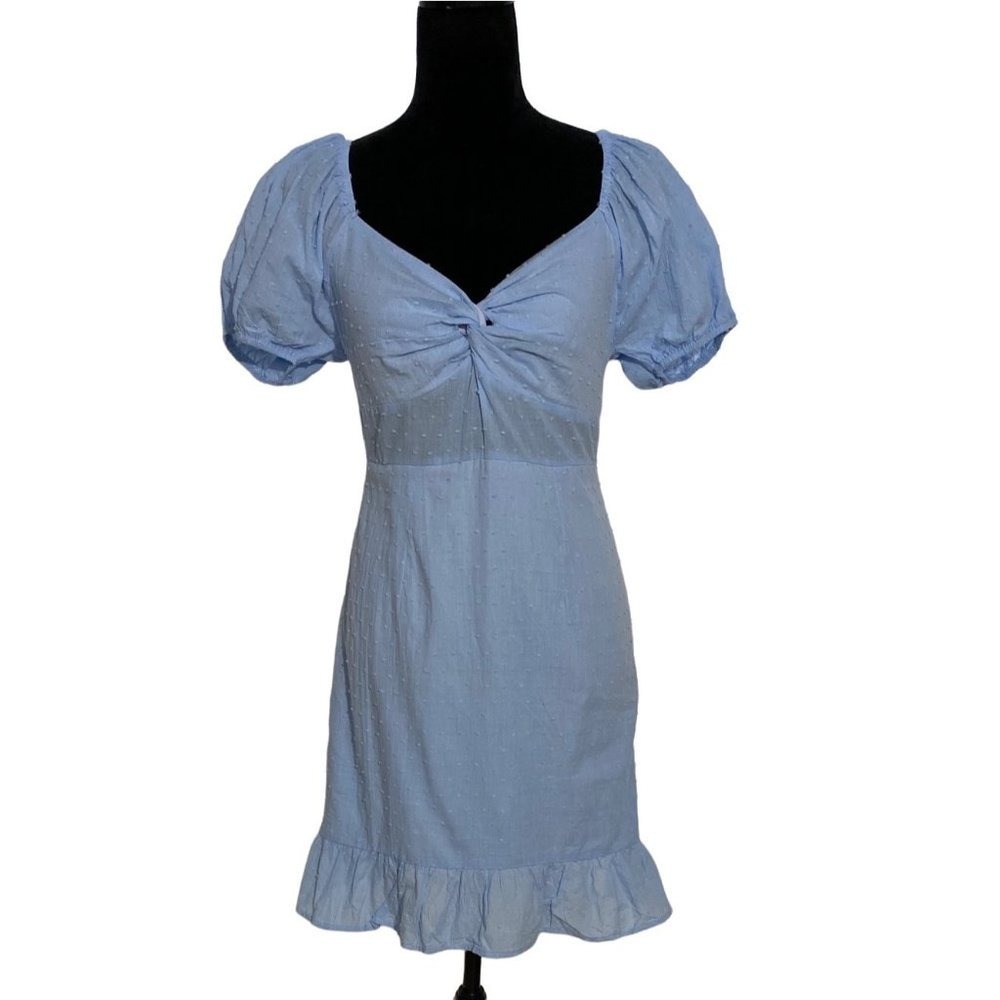S Betro Dress SMALL Light Blue Cotton Ruffle Hem Short Puff Sl Texture Romantic